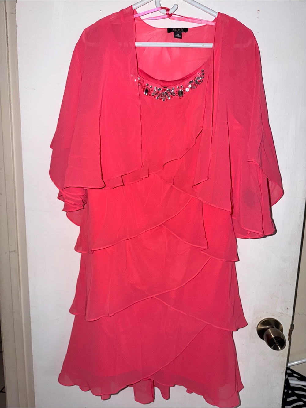 SLNY Coral Pink Layered Chiffon Midi Dress with Jeweled Neckline